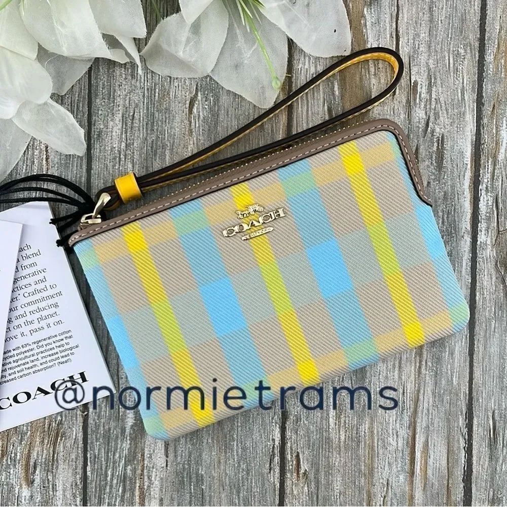 Coach Corner Zip Wristlet With Plaid Print Wallet Bag Purse